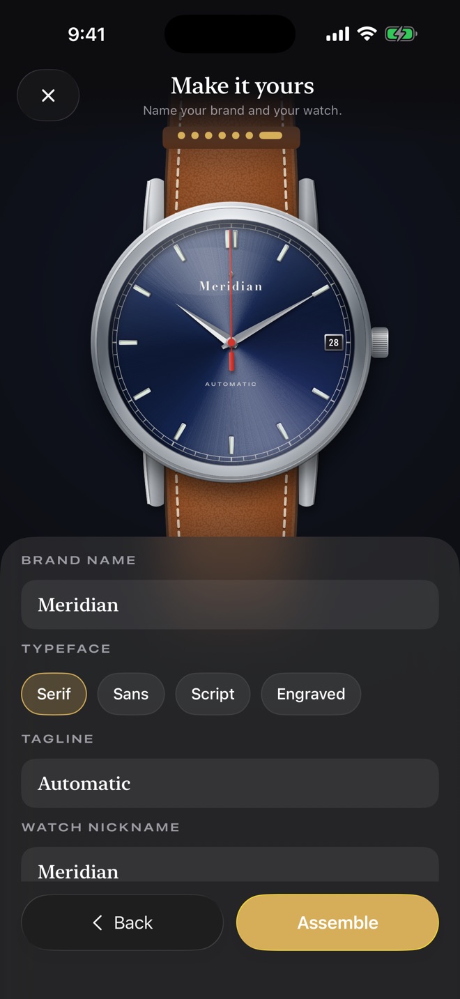 The Mecha Watch builder, with a brand name being typed onto the dial