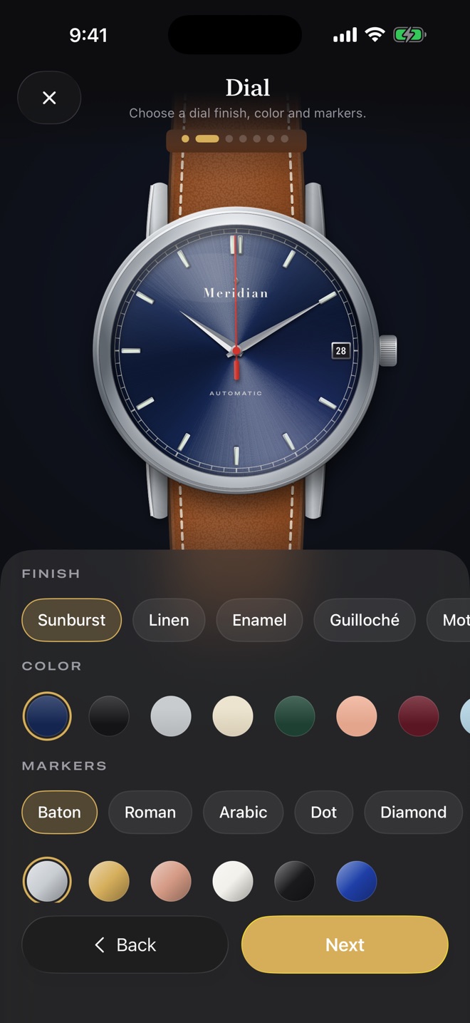 The dial step of the Mecha Watch builder with finish and colour choices